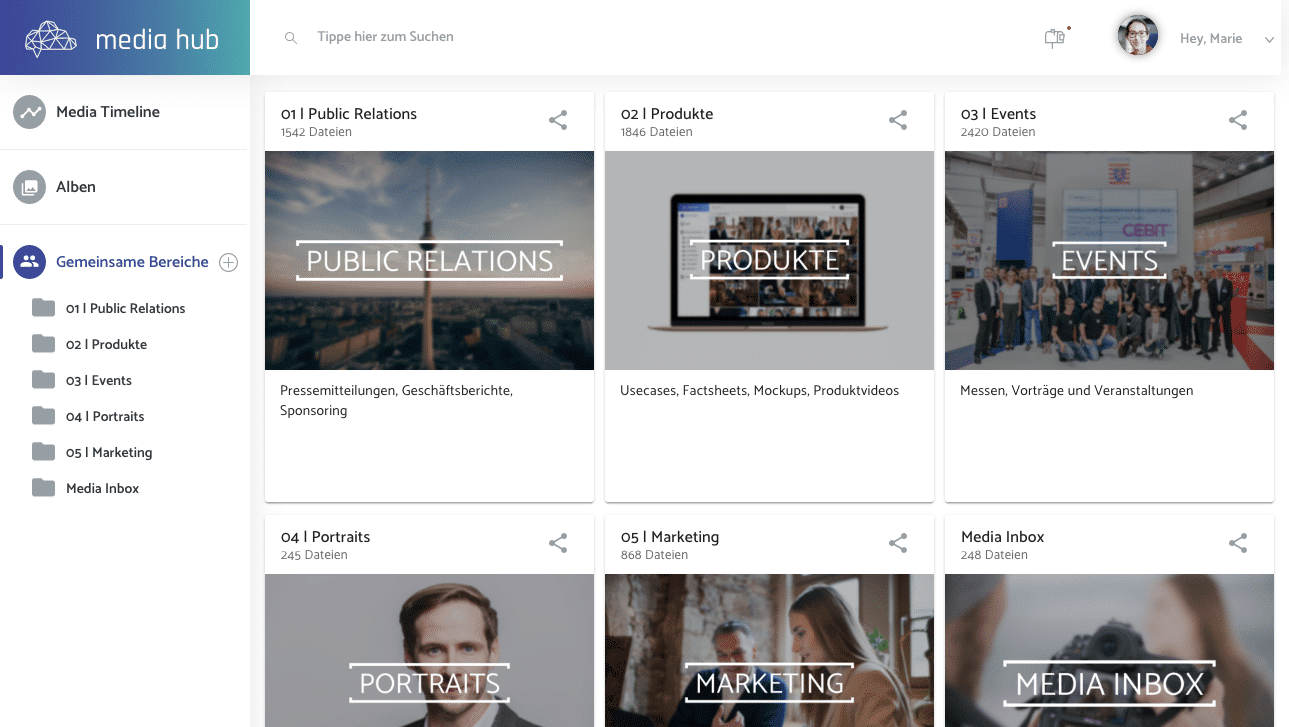 Fotos in die Cloud hochladen - Screenshot der gemeinsamen Arbeitsbereiche im teamnext | Media Hub, der professionellen DAM Plattform