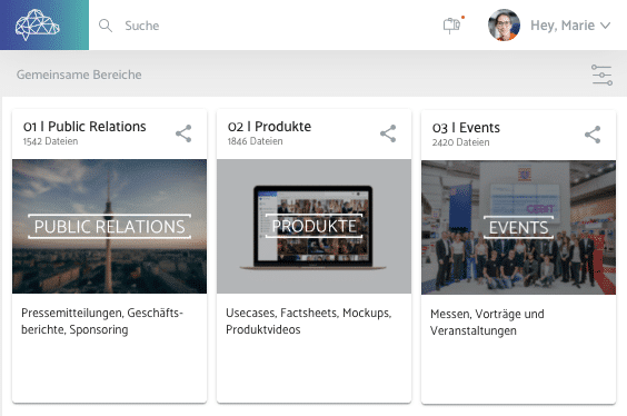 Screenshot der gemeinsamen Arbeitsbereiche im teamnext | Media Hub, der professionellen Digital Asset Management Plattform