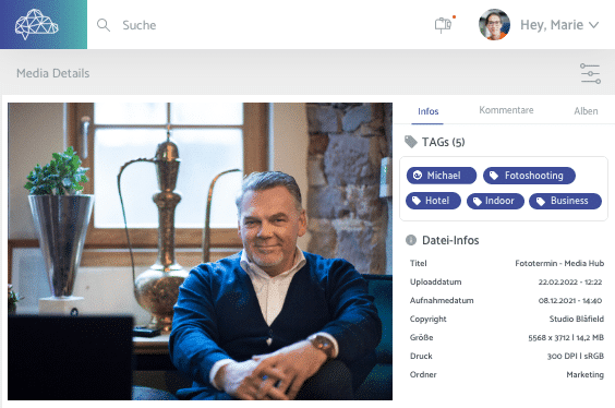 Screenshot Mediendetails (Tags und Metadaten) im teamnext | Media Hub, der professionellen Digital Asset Management Plattform