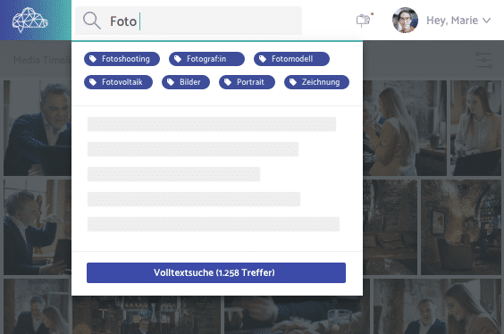 Vorschläge der Suchfunktion für Fotos in der cloudbasierten Bildverwaltungssoftware
