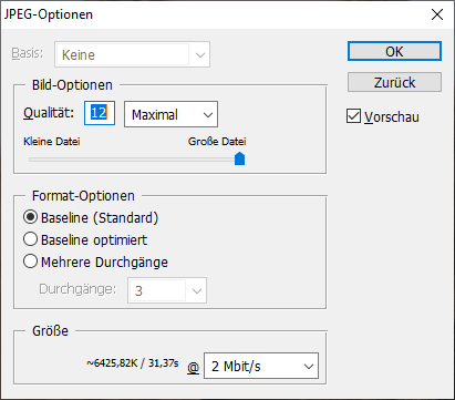 Darstellung der JPEG Optionen bei Adobe Photoshop bei der Dateikonvertierung.