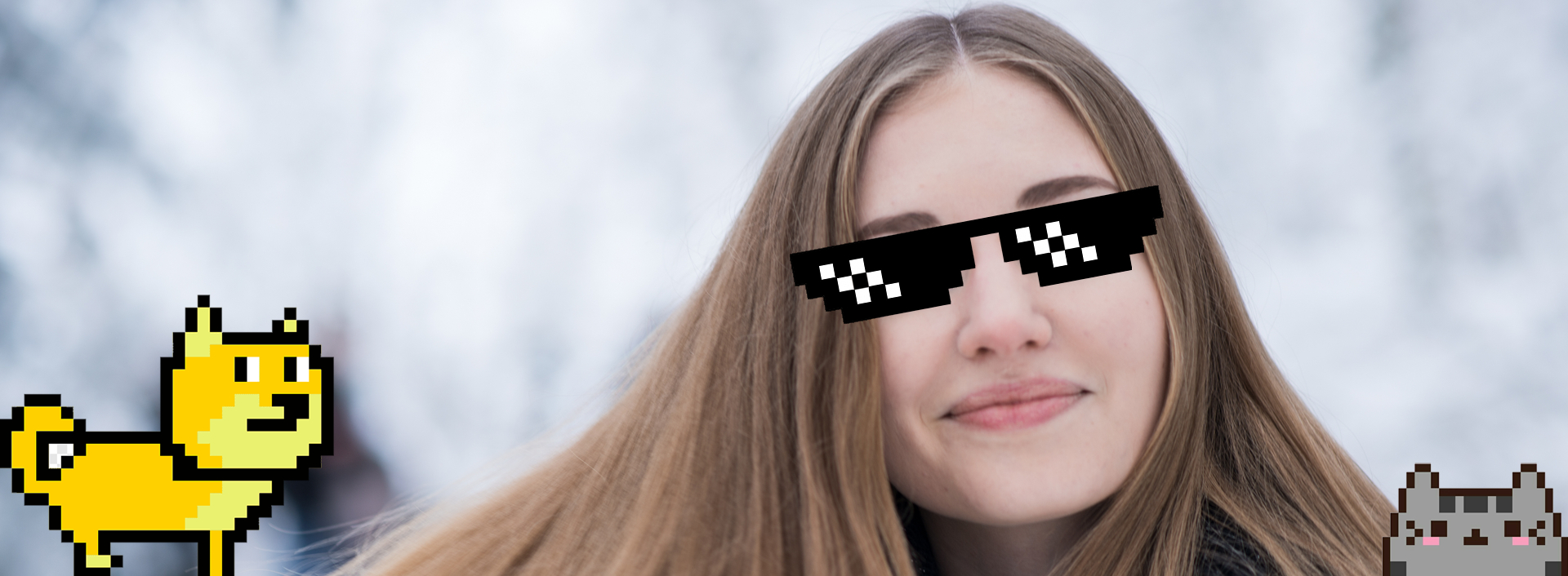 What is a meme? Young Woman and Memes: Pixel Sunglasses, Doge and Kawaii Cat