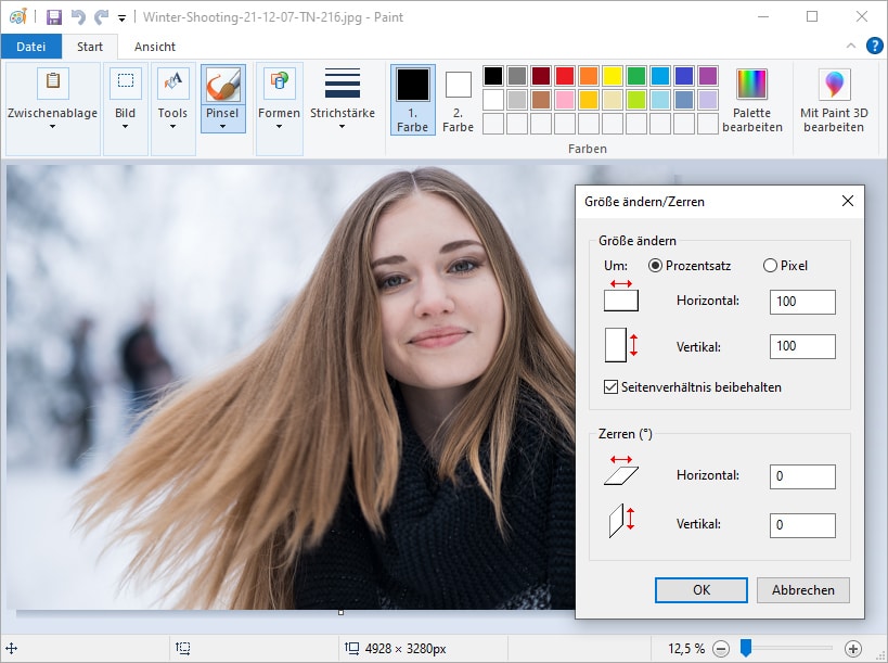 Screenshot Microsoft Paint: Größe ändern, Bild runterskalieren