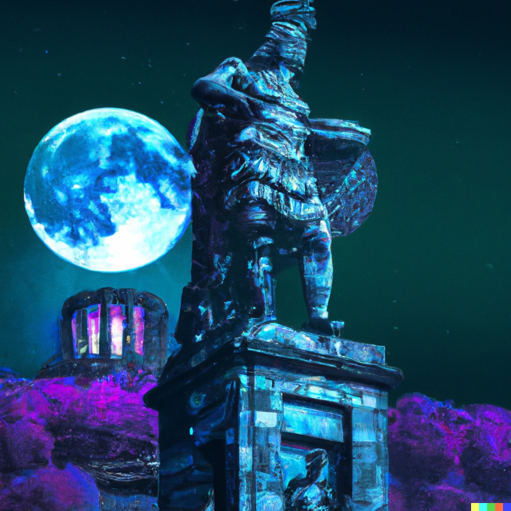 Image generated by DALL-E 2: Input: the herkules monument of kassel at full moon, cyberpunk illustration