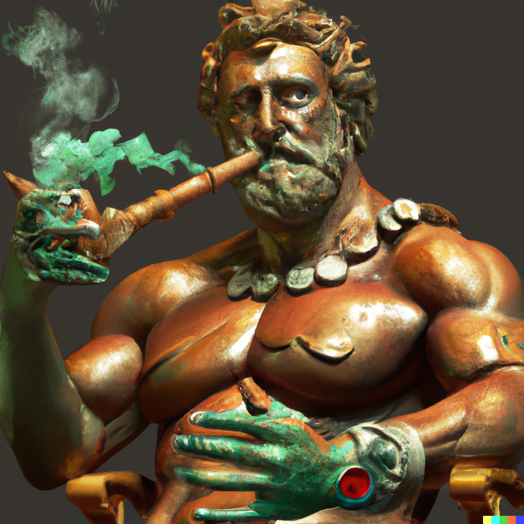 von DALL-E 2 generiertes Bild. Eingabe: copper statue of herkules smoking a cigar, digital art