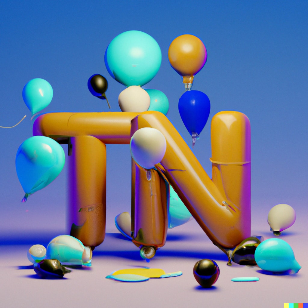 Image generated by DALL-E 2: Input: 3D lettering of a T and a N and ballons, digital art