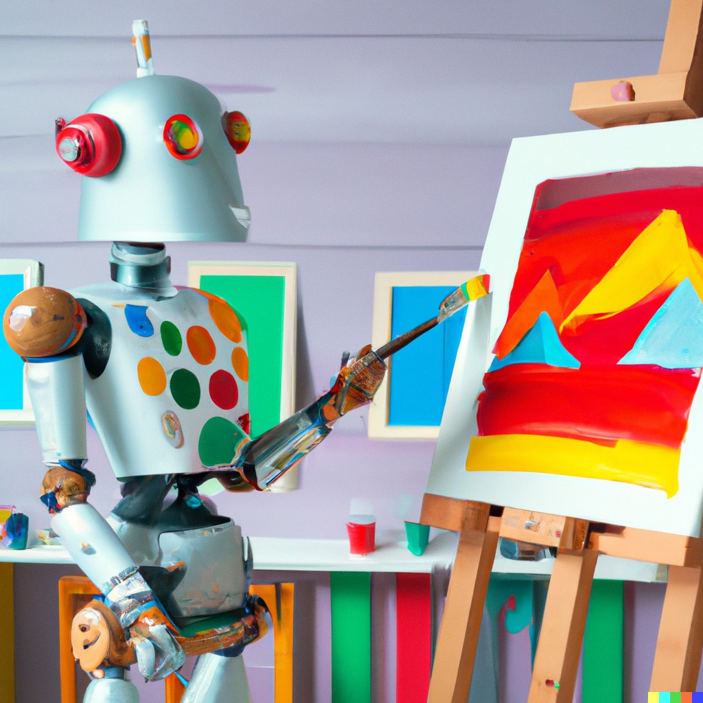 Image generated by DALL-E 2: Input: cute robot paints a painting standing on an easel, digital art