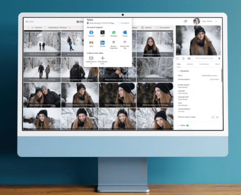 Media Hub: grid view on Mac (mockup) - header image - distribute photos and videos fast and securely