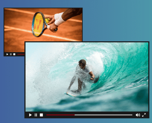 Header image with various live moments from sports events, symbol image AI-based content delivery