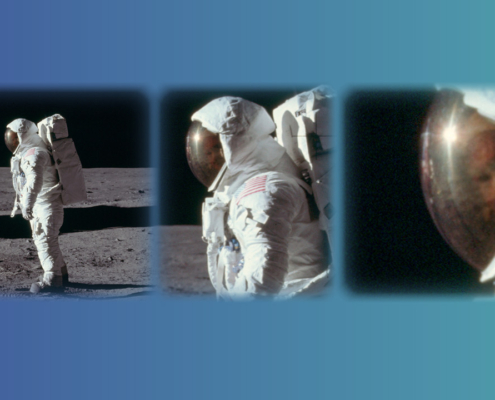 Header graphic: field sizes and camera angles - Astronaut Buzz Aldrin with US flag on the moon, various image sections